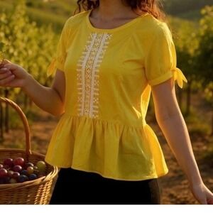 J Crew Yellow Embroidered Peplum Top Short Tie Sleeve  Boho Peasant women's 2